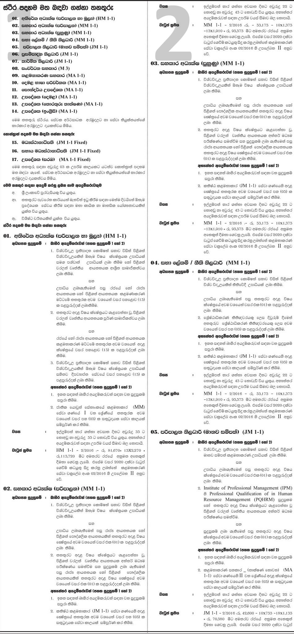 Development Assistant, Management Assistant, Additional Director, Board Secretary/Legal Officer, Administration Officer, Procurement Officer, Technical Officer, Tamil Translator, Instructor, Officer in Charge - National Youth Corps